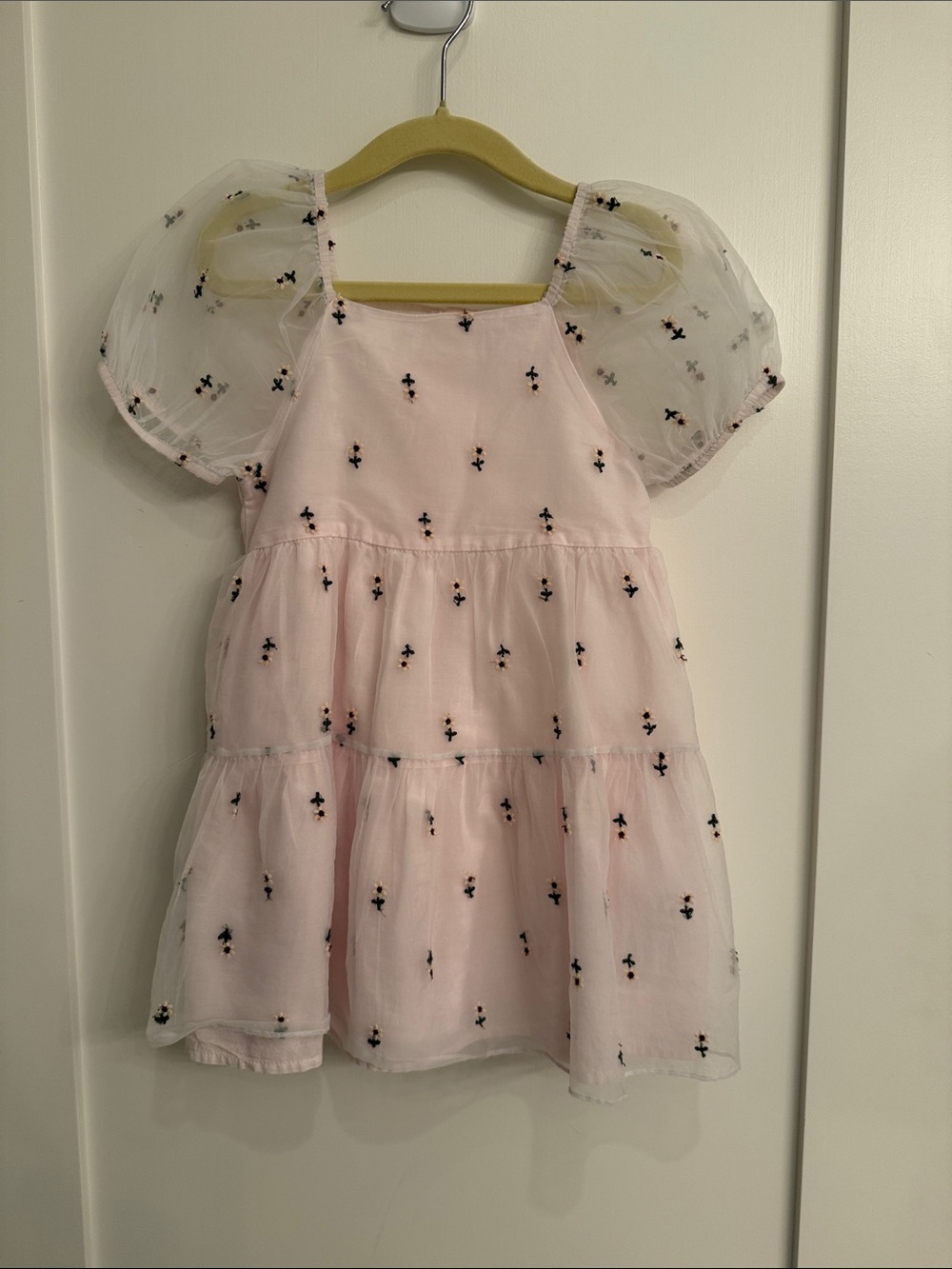 Zara Pink Tiered Dress with Sheer Puff Sleeves and Black Floral Detail